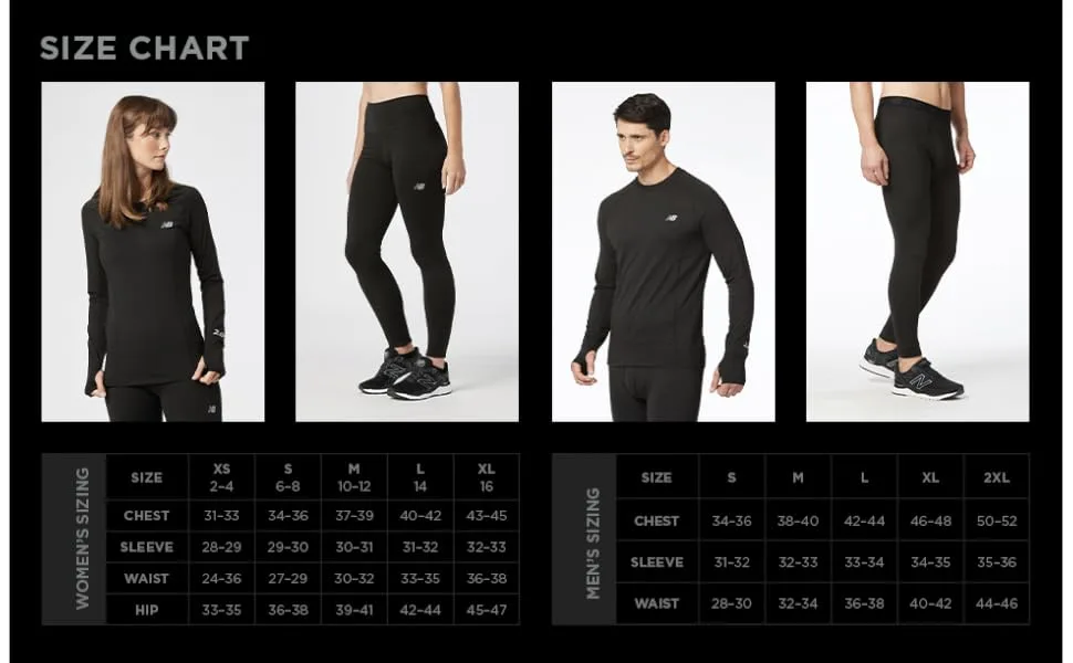 New Balance Men's Compression Thermal Non-Rolling Baselayer Pants with Functional Fly X-Large Black (2.0) - Size chart