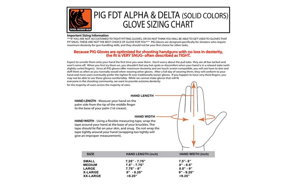 PIG Full Dexterity Tactical (FDT) Delta Utility Gloves Black Medium - delta sizing chart
