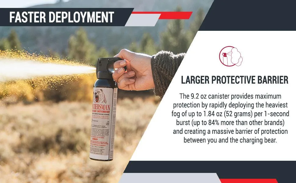 SABRE Frontiersman 9.2 oz. Bear Spray, Maximum Strength 2.0% Major Capsaicinoids, Powerful 35 ft. Range Bear Deterrent, Outdoor Camping & Hiking Protection, Quick Draw Holster & Multipack Options - large protective barrier