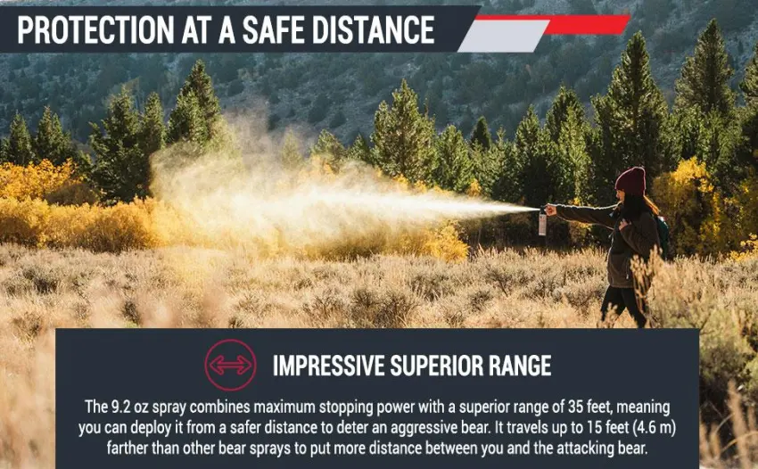 SABRE Frontiersman 9.2 oz. Bear Spray, Maximum Strength 2.0% Major Capsaicinoids, Powerful 35 ft. Range Bear Deterrent, Outdoor Camping & Hiking Protection, Quick Draw Holster & Multipack Options - protection at a safe distance