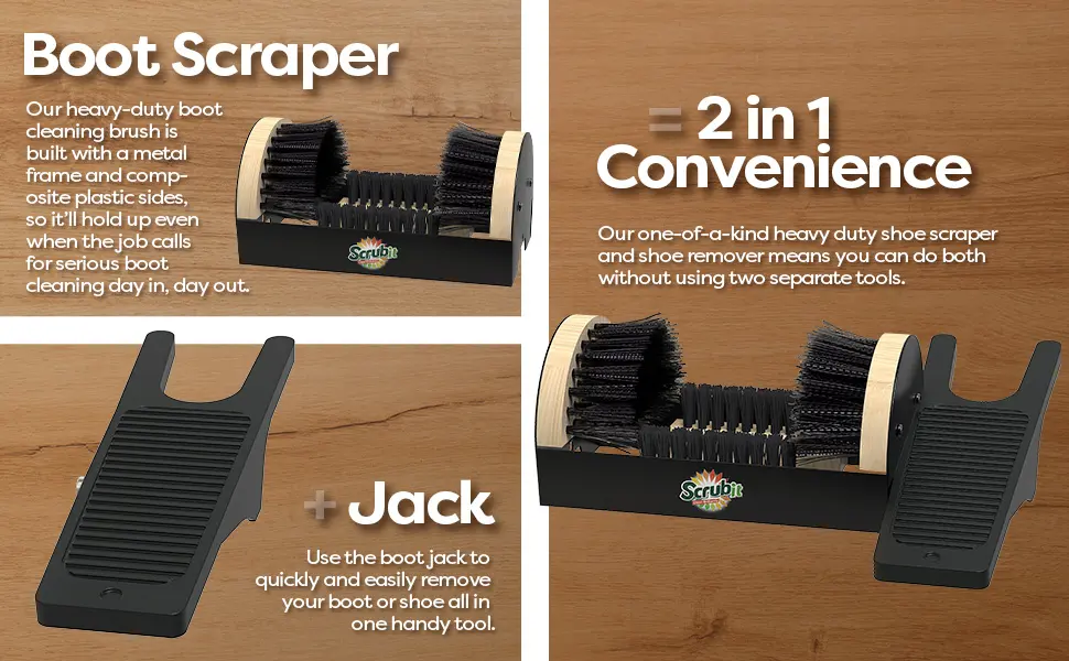 SCRUBIT Boot Scraper Brush & Boot Jack - Boot Remover for Shoes and Cowboy Boots - All Weather Boot Cleaner and Puller - Removes Snow, Sand and Mud - 12x6 Heavy Duty Scrubber - boot jack
