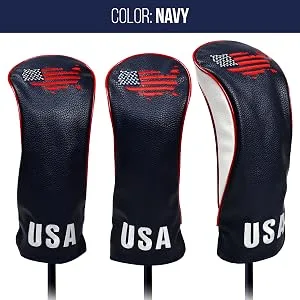 USA Golf Head Covers for Driver & Fairway Woods - Premium Leather Headcovers, Designed to Fit All Woods and Drivers Navy - Skydream Golf - Golf Driver & Fairway Head Covers - Navy Set