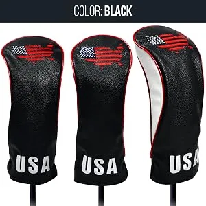 USA Golf Head Covers for Driver & Fairway Woods - Premium Leather Headcovers, Designed to Fit All Woods and Drivers Navy - Skydream Golf - Golf Driver & Fairway Head Covers - Black Set