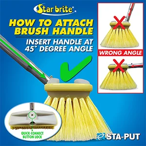 Star brite Extend-A-Brush Handle - Floating, Marine Grade Handles with STA-PUT Quick Connect 3'-6' Premium Extending - Star brite, How to attach brush handle, insert handle at 45 degree angle, Sta-put, Quick connect