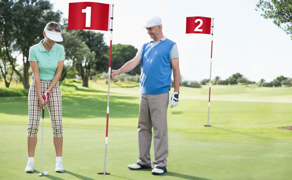 ToVii 2 Pack Golf Flagstick 6 feet golf flag Hole Cup Set,Golf Pin Flags for Driving Range Backyard, Anti-Rust Glass Fiber 5-Section Design with Connectors Basic- Red- 2 Pack - product information 1