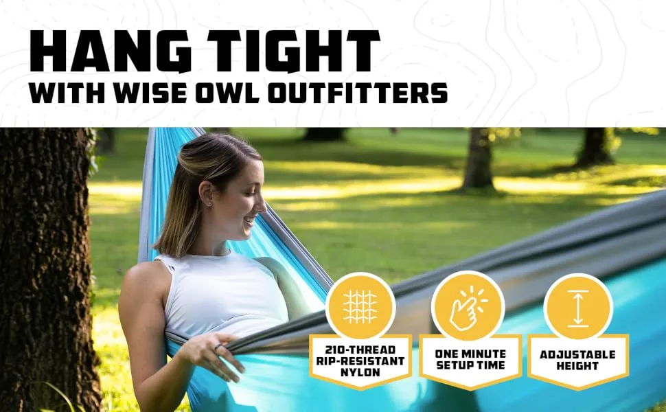 Wise Owl Outfitters Camping Hammock - Portable Hammock, Camping Accessories Single or Double Hammock for Outdoor, Indoor w/Tree Straps Black & Grey Large - Hang Tight With Wise Owl Outfitters