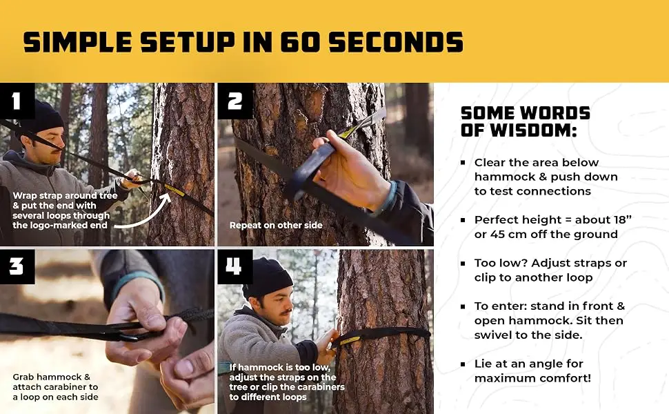 Wise Owl Outfitters Camping Hammock - Portable Hammock, Camping Accessories Single or Double Hammock for Outdoor, Indoor w/Tree Straps Black & Grey Large - Simple setup in 60 seconds installation outdoors straps trees adjustable height carabiner secure.