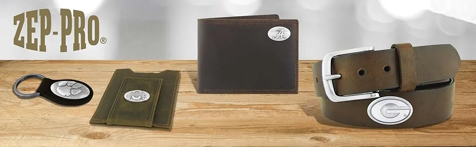 NCAA LSU Tigers Zep-Pro Pull-Up Leather Trifold Embossed Wallet, Brown - A Key chain, front pocket wallet, bi-fold wallet and leather belt on a wooden table