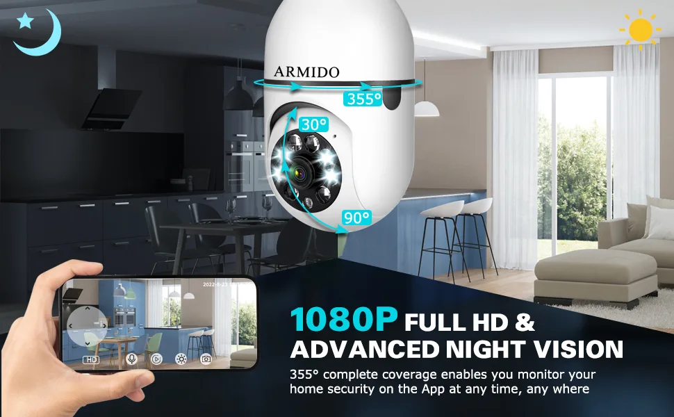 Wireless WiFi Light Socket Bulb Security Camera 360 Degree PTZ Home Camera Floodlight Night Vision Motion Detection 64GB Micro SD Card Included Support 2.4Ghz and 5Ghz white - 1080P night vision