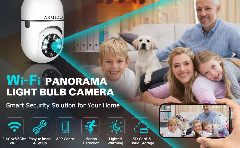 Wireless WiFi Light Socket Bulb Security Camera 360 Degree PTZ Home Camera Floodlight Night Vision Motion Detection 64GB Micro SD Card Included Support 2.4Ghz and 5Ghz white - ARMIDO Light Bulb Security Camera 64GB Micro SD Card Included Support 2.4Ghz and 5Ghz Wi-Fi