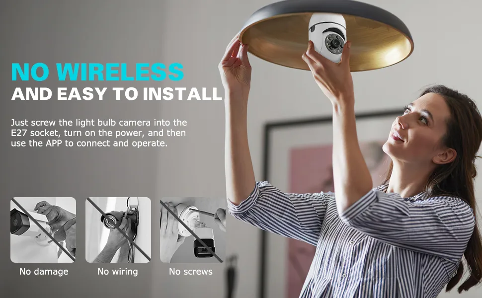 Wireless WiFi Light Socket Bulb Security Camera 360 Degree PTZ Home Camera Floodlight Night Vision Motion Detection 64GB Micro SD Card Included Support 2.4Ghz and 5Ghz white - easy to install