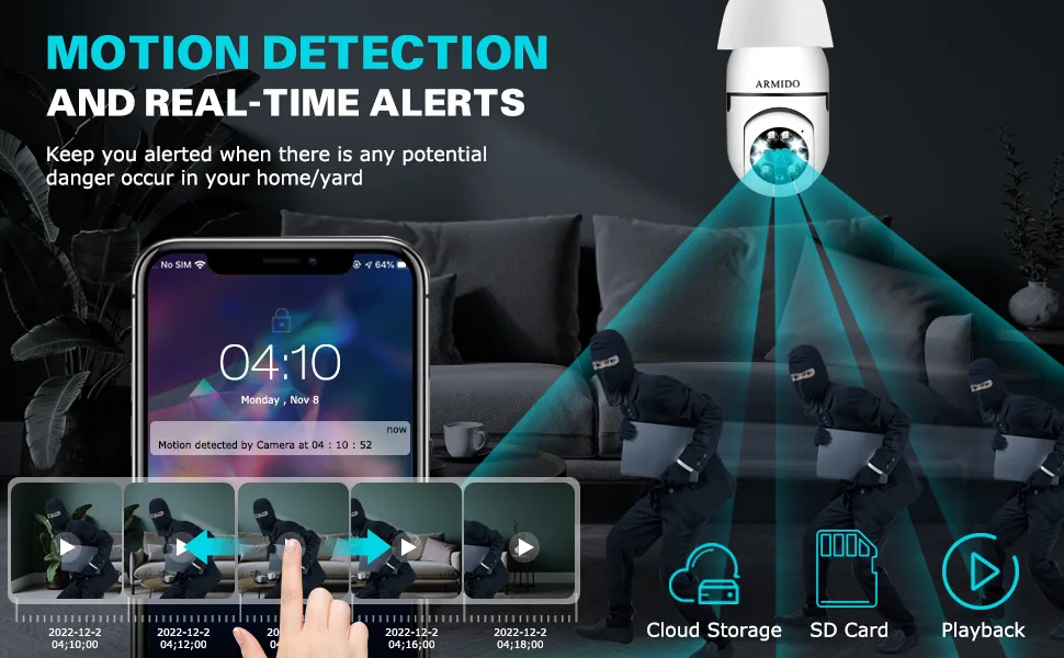 Wireless WiFi Light Socket Bulb Security Camera 360 Degree PTZ Home Camera Floodlight Night Vision Motion Detection 64GB Micro SD Card Included Support 2.4Ghz and 5Ghz white - motion detection