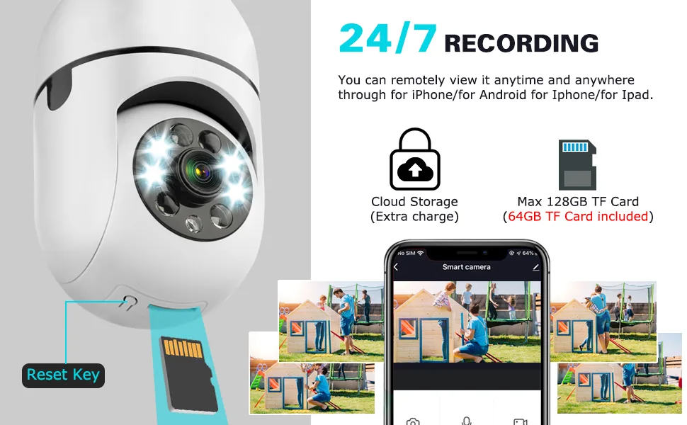 Wireless WiFi Light Socket Bulb Security Camera 360 Degree PTZ Home Camera Floodlight Night Vision Motion Detection 64GB Micro SD Card Included Support 2.4Ghz and 5Ghz white - security camera 64GB TF Card included
