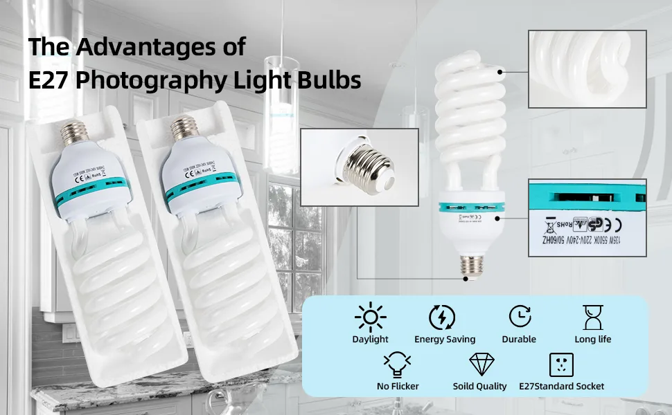 2pcs 135W Light Bulb 5500K CFL Daylight Spiral Softbox Lighting Kit Bulb in E27 Socket for Photography Photo 2 Count (Pack of 1) - Softbox Light Bulb