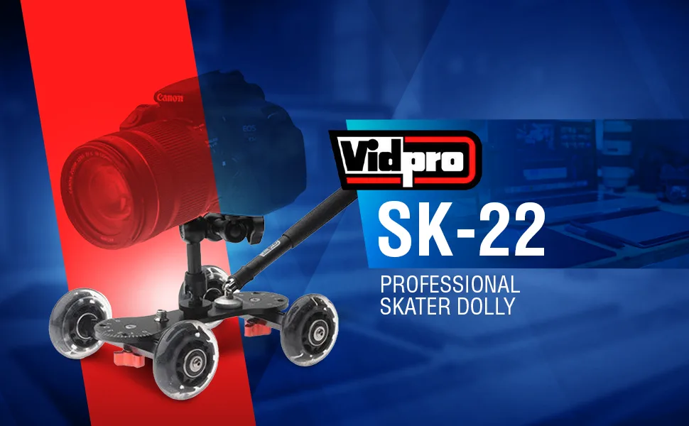 Vidpro SK-22 Professional Skater Dolly - Rolling Slider for DLSR Cameras & Camcorders Ideal for Low-Level Shooting & Panning 25 Lbs Capacity Smooth Rubber Wheels 7 Mounting Points & Extendable Handle - product information 1
