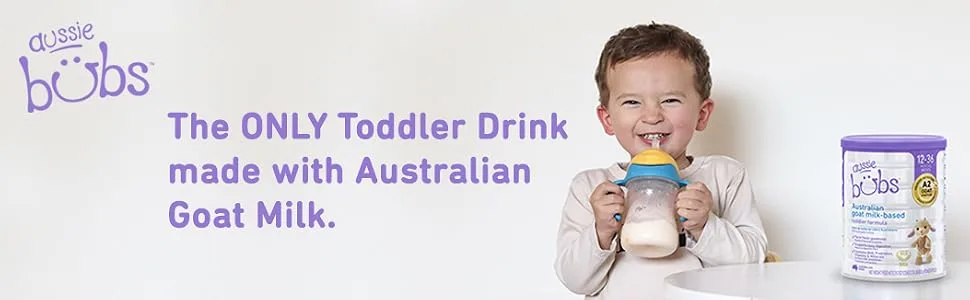 Aussie Bubs Australian Goat Milk-Based Toddler Formula, For Kids 12-36 months, Made with Fresh Goat Milk, 28.2 oz - Toddler boy drinking goat milk formula