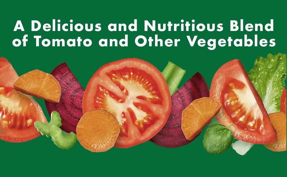 V8 Original 100% Vegetable Juice, Vegetable Blend with Tomato Juice, 11.5 FL OZ Can (Pack of 24) - Fresh tomato, celery, beets, carrots and leafy greens pictured on green background with description