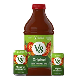 V8 Original 100% Vegetable Juice, Vegetable Blend with Tomato Juice, 11.5 FL OZ Can (Pack of 24) - Product pictured in three packages: 12 oz. can, 64 oz. bottle and 8 oz. can