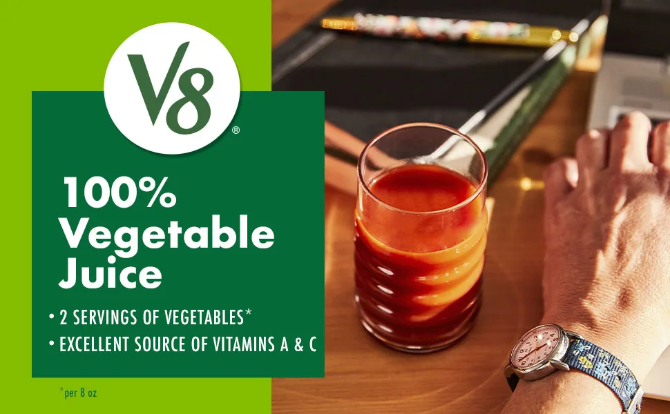V8 Original 100% Vegetable Juice, Vegetable Blend with Tomato Juice, 11.5 FL OZ Can (Pack of 24) - Text and logo V8 100% Vegetable Juice pictured with glass of juice and hand at desk