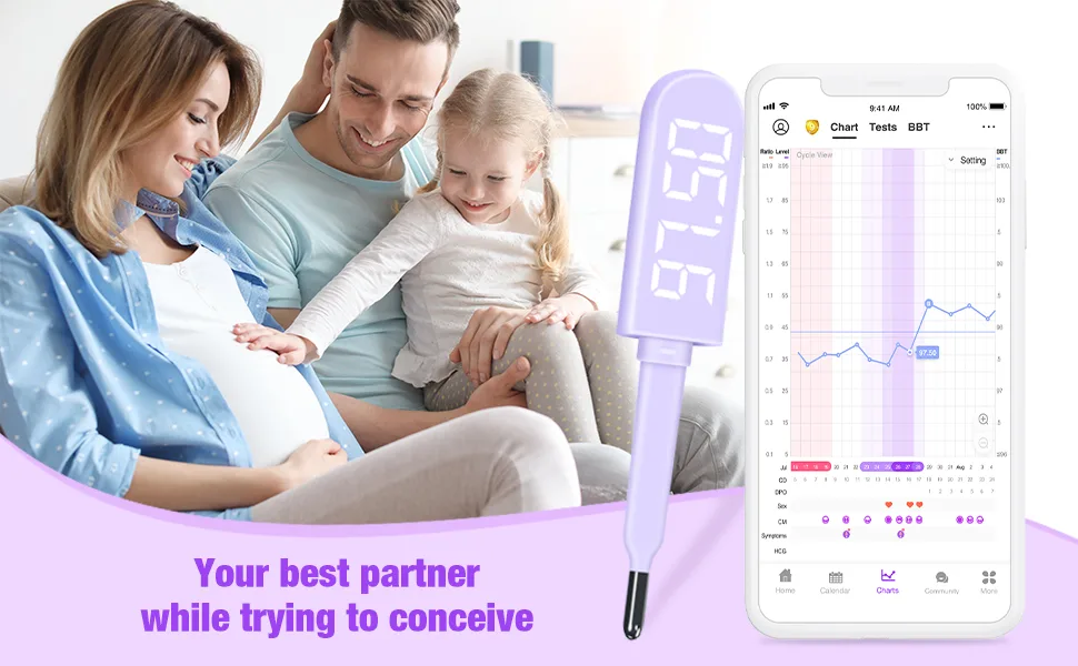 EasyHome Basal Body Thermometer: Accurate BBT Thermometer for Ovulation - Bluetooth & USB Rechargeable & LED Display - 1/100th Degree High Precision and Memory Recall with Premom App - EBT089 Purple - basal thermometer