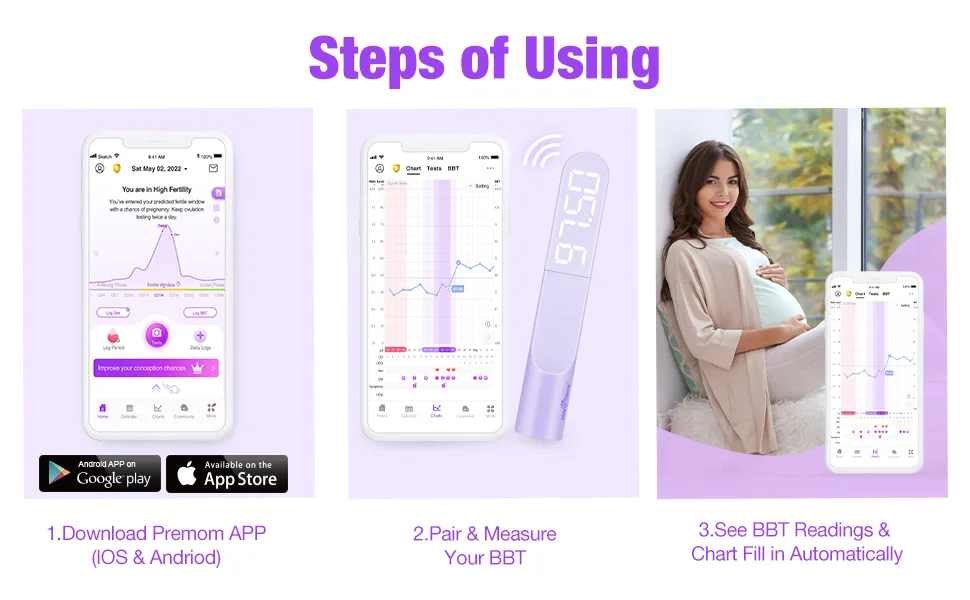 EasyHome Basal Body Thermometer: Accurate BBT Thermometer for Ovulation - Bluetooth & USB Rechargeable & LED Display - 1/100th Degree High Precision and Memory Recall with Premom App - EBT089 Purple - product information 15