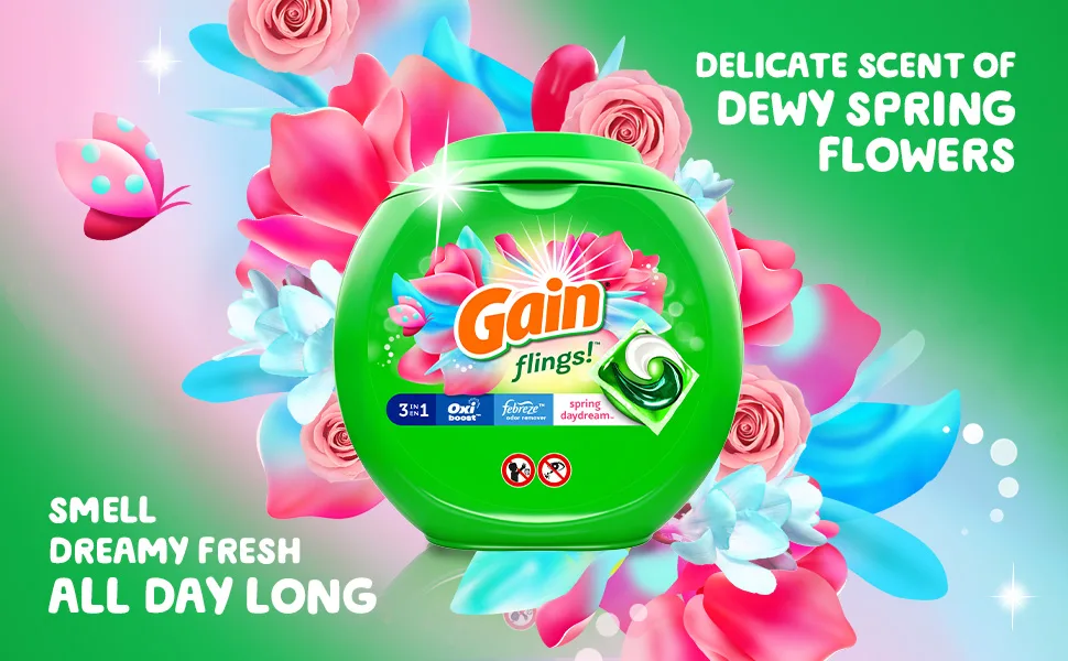 Gain flings Laundry Detergent Soap Pacs, HE Compatible, Long Lasting Scent, Spring Daydream, 112 count Spring Daydream 112 Count (Pack of 1) - Delicate scent of spring flowers Smell dreamy fresh all day long