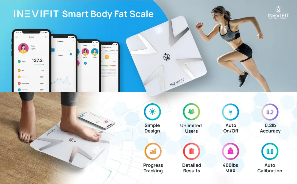 INEVIFIT Smart Body Fat Scale, Highly Accurate Bluetooth Digital Bathroom Body Composition Analyzer, Measures Weight, Body Fat, Water, Muscle, BMI, Visceral Fat & Bone Mass for Unlimited Users White - Bluetooth Body Fat Scale