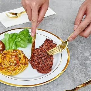 320 Gold Plastic Silverware Set - Plastic Cutlery Set - Disposable Flatware - 160 Plastic Forks, 80 Plastic Spoons, 80 Cutlery Knives Heavy Duty Silverware for Party Bulk Pack 320Pack Gold - plastic silverware