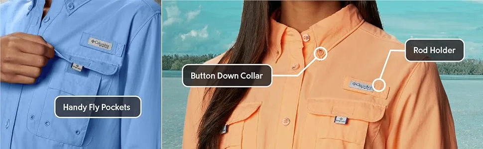 Columbia Women's Bahama Ls White Medium - Shirt with rod holder, button down collar, chest pockets