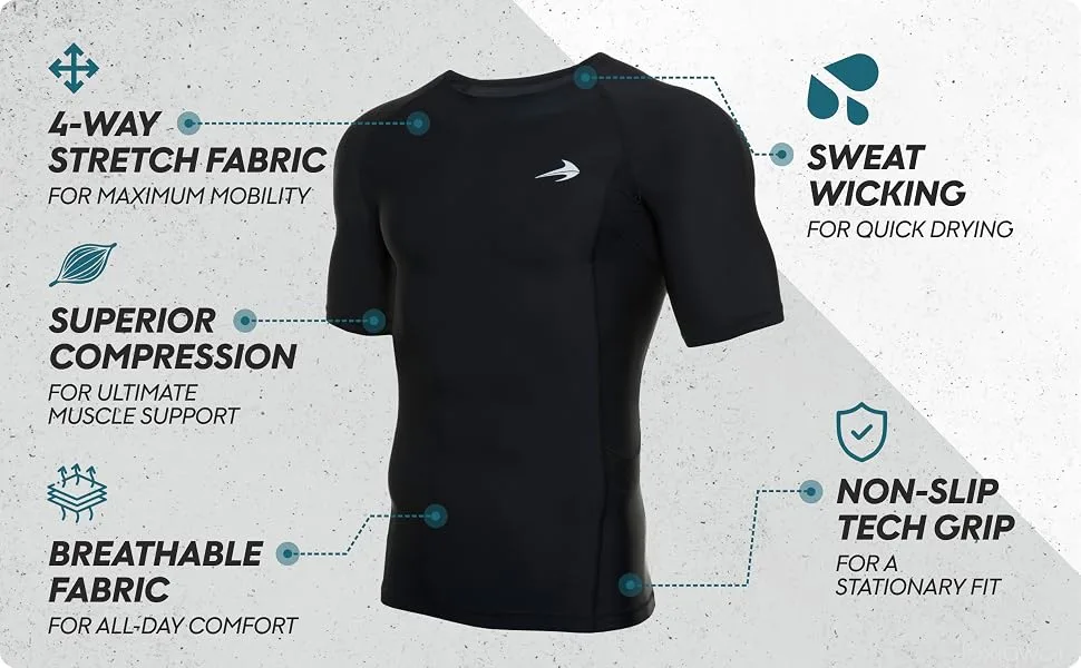 CompressionZ Men's Short Sleeve Compression Shirt - Athletic Base Layer Black X-Large - spandex wrestling soccer sport basketball clothing no chafe fitness tennis under baselayer