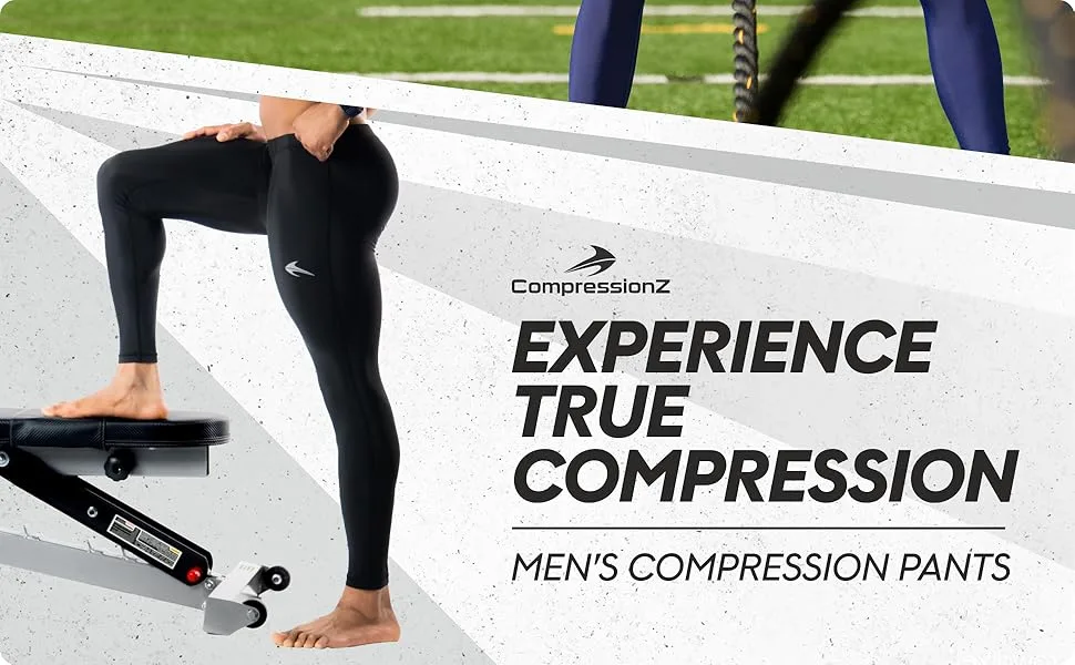 CompressionZ Men's Compression Pants Base Layer Running Tights Mens Leggings for Sports Black Large - compresion tight 3/4 pants cold gear weather sports basketball biking leg warmers warmer snowboard