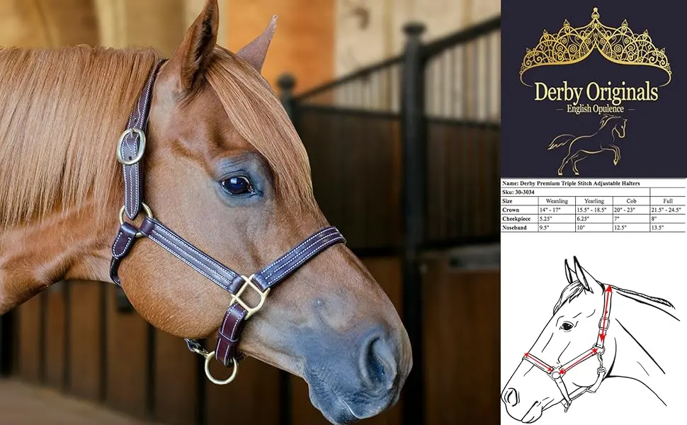 Derby Originals Coventry Triple Stitch Adjustable Leather Halter - Multiple Sizes Available Full/Average - Size Chart
