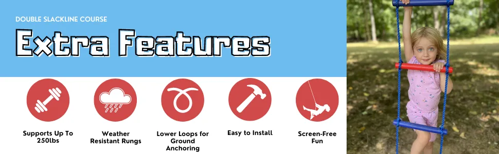 Lily's Things Climbing Ladder Attachment | Double Slackline Accessories for Slackline Obstacle Course | Ninja Slackline Outdoor Accessories for Kids - extra features