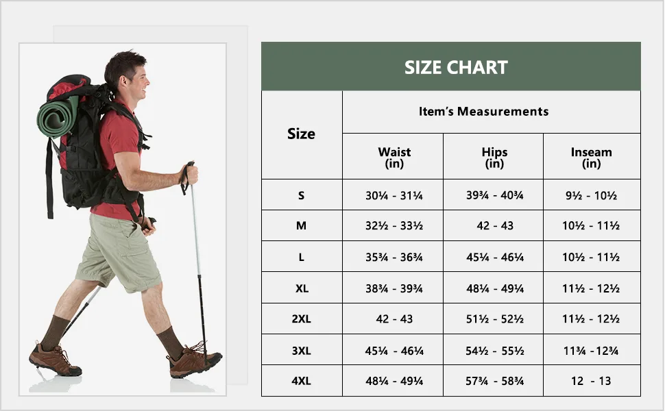 Little Donkey Andy Men's Stretch Quick Dry Cargo Shorts for Hiking, Camping, Travel Khaki Large - size chart