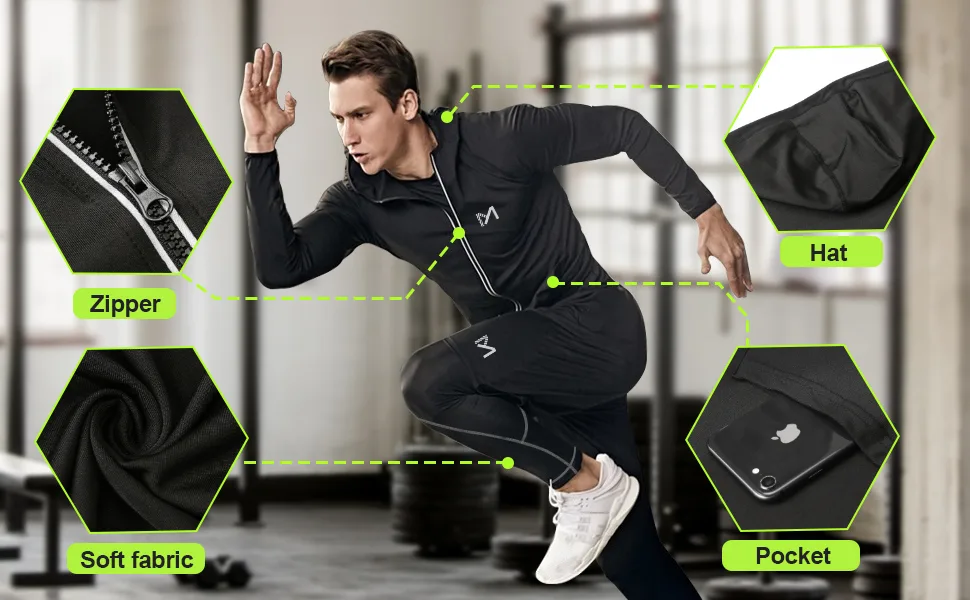 MEETYOO mens 5pcs Men's Compression Sets Pants Long Sleeve Shirt Athletic Shorts Running Jacket Black Small - 5Pcs Compression Sets