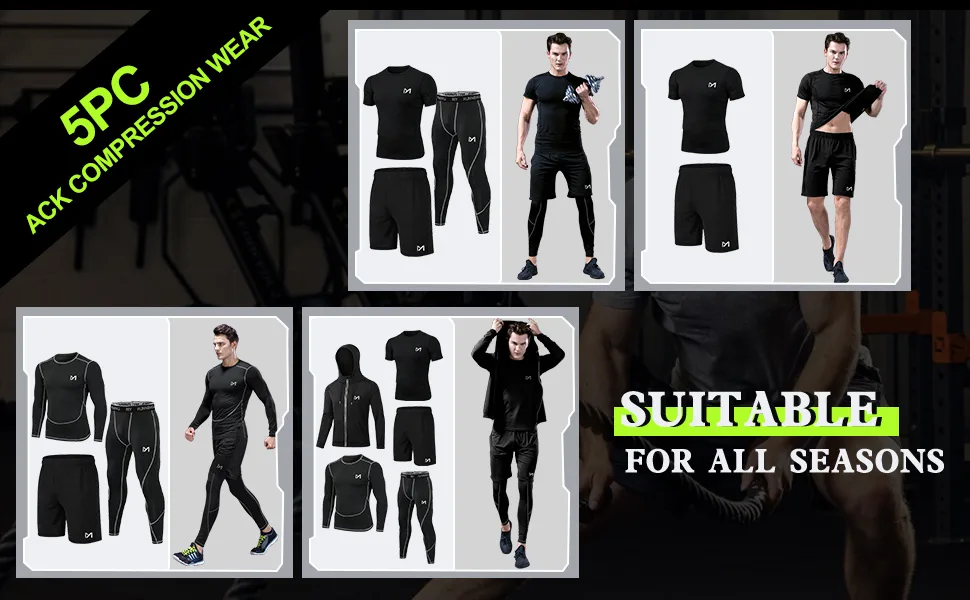 MEETYOO mens 5pcs Men's Compression Sets Pants Long Sleeve Shirt Athletic Shorts Running Jacket Black Small - 5Pcs Compression Sets