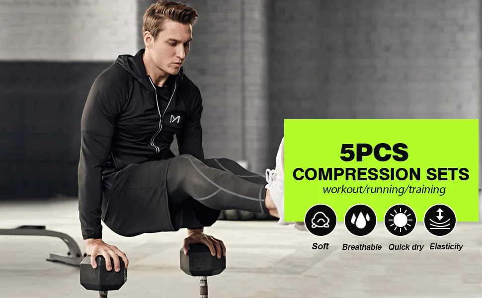 MEETYOO mens 5pcs Men's Compression Sets Pants Long Sleeve Shirt Athletic Shorts Running Jacket Black Small - product information 1