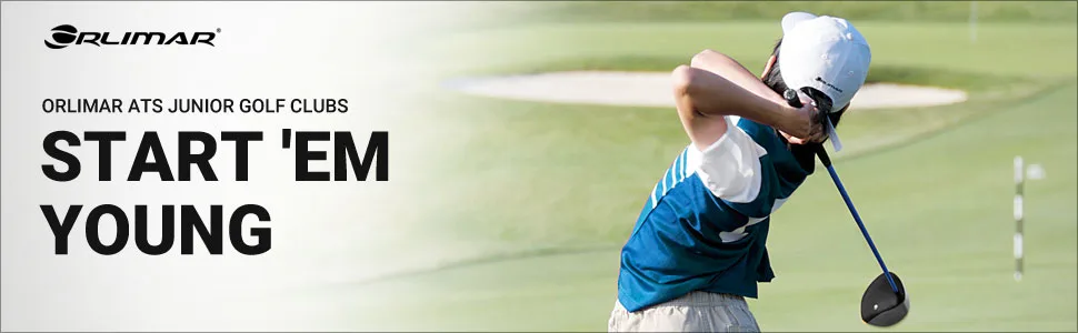 Orlimar ATS Junior Boys' Lime/Blue Series Individual Golf Clubs (Ages 3-5) Right Hand Driver - Junior golfer hitting an Orlimar ATS junior driver on a golf course with text "Start