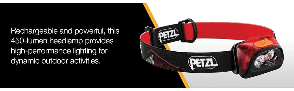 Petzl ACTIK CORE Headlamp - Rechargeable, Compact 450 Lumen Light with Red Lighting for Hiking, Climbing, and Camping - Black Black (Past Season) - Rechargeable powerful 450-lumen headlamp high-performance light for dynamic outdoor activities