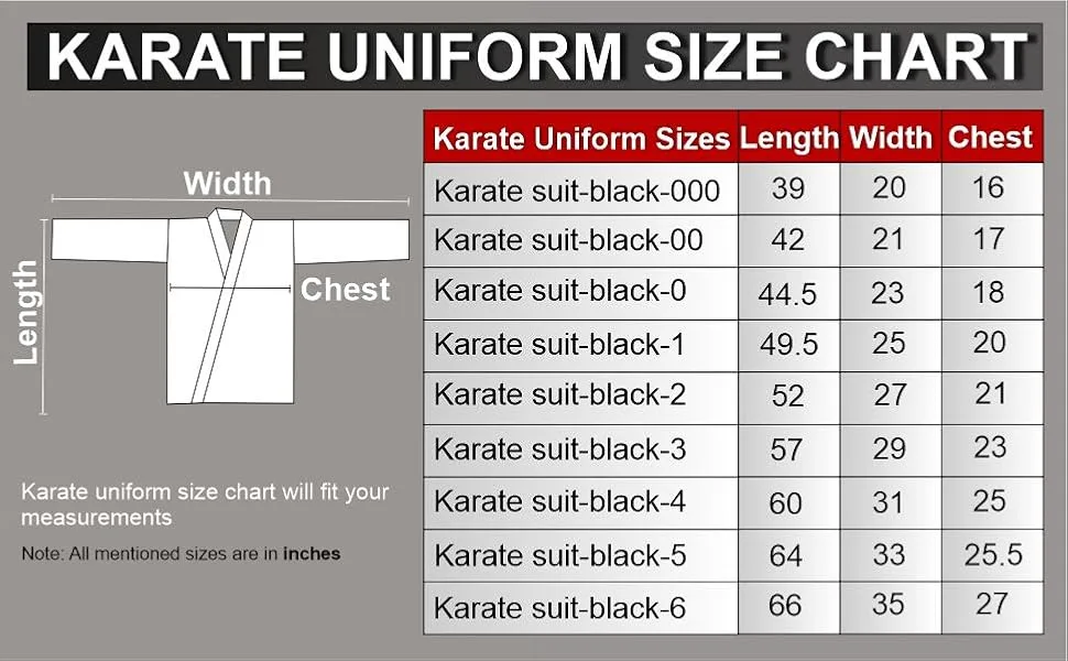 REX Sports Karate Uniform for Kids & Adults Lightweight Student Karate Gi Martial Arts Uniform with Belt 5 White - Size chart