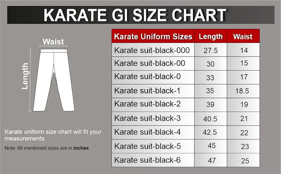 REX Sports Karate Uniform for Kids & Adults Lightweight Student Karate Gi Martial Arts Uniform with Belt 5 White - Trouser size chart