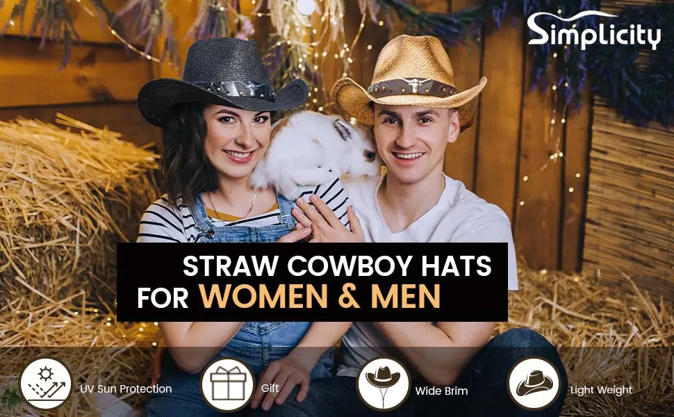 Simplicity New Western Style Classic Cowboy Straw Hat Black Bull Band - cowboy hat