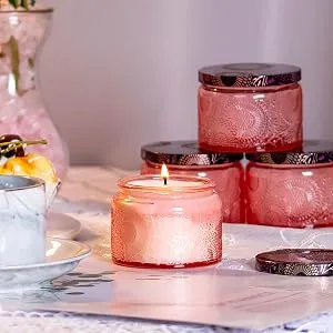 10 oz Embossed Glass Candle Container with Tin Lid and Labels (Pink) - candle