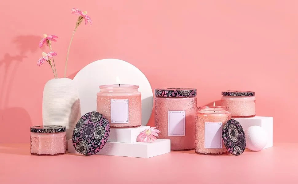 10 oz Embossed Glass Candle Container with Tin Lid and Labels (Pink) - pink togather