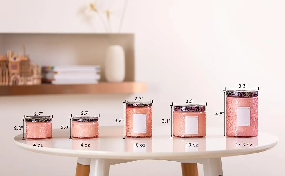 10 oz Embossed Glass Candle Container with Tin Lid and Labels (Pink) - Size