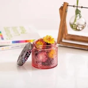 10 oz Embossed Glass Candle Container with Tin Lid and Labels (Pink) - small item storage