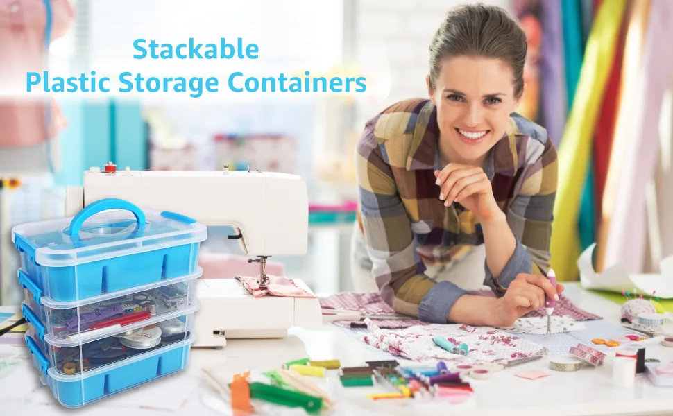 Bins & Things Stackable Storage Container with 2 Trays - Gray - Craft Storage/Craft Organizers and Storage - Bead Organizer Box/Art Supply Organizer Clear, Black - Stackable Plastic Storage Containers