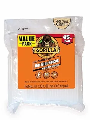 Gorilla Hot Glue Sticks, Full Size, 4" Long x .43" Diameter, 45 Count, Clear, (Pack of 4) - Gorilla Hot Glue Stick 4 inch full size 45 count