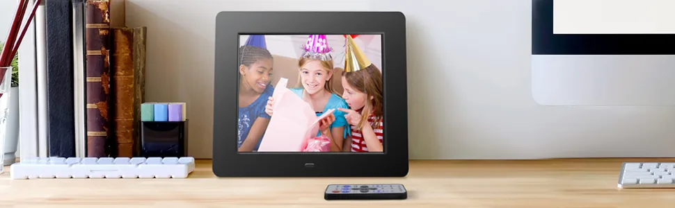 Aluratek 8" LCD Digital Picture Frame, 4GB Built-In Memory, USB/SD/SDHC Supported, Stylish Slim Modern Black Frame, Built-In Clock & Calendar 8" (w/ Built-in Memory) - Digital Frame on Shelf
