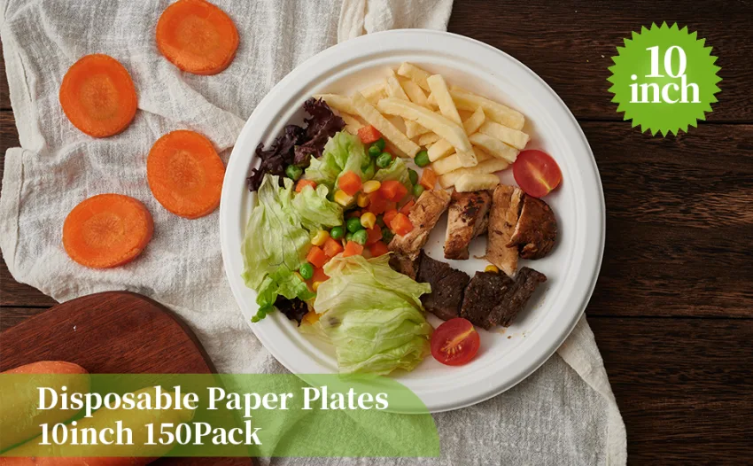 ECOLipak 100% Compostable 10 inch Paper Plates, 150 Pack Heavy Duty Paper Plates, Disposable Biodegradable Eco-friendly Sugarcane Bagasse Plates for Party Dinner Birthday(White) - paper plates
